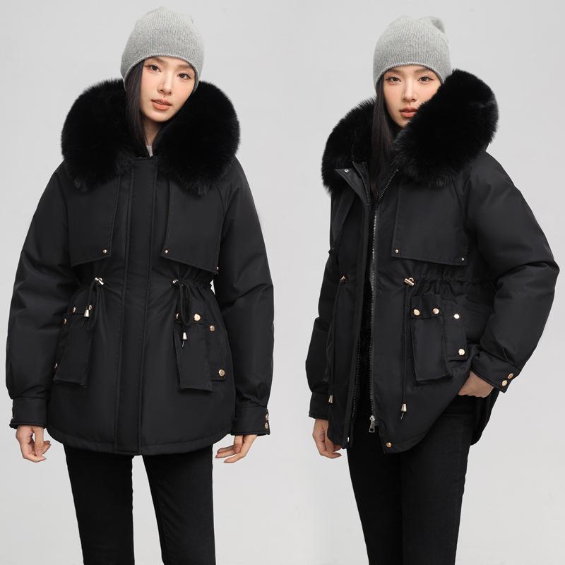 Women's Korean Style Loose Fit Winter Down Cotton Coat with Waist-Cinching and Thickened Velvet Lining