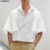 Summer Men Lapel Neck Short Sleeve Striped Splicing Casual Short Cropped Shirts