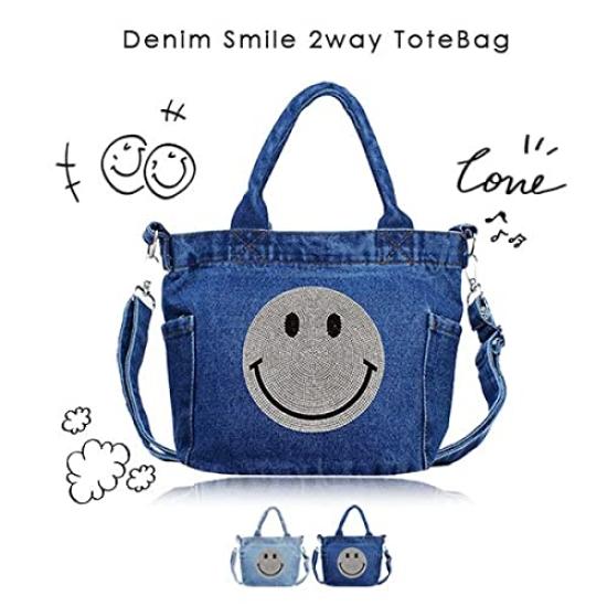 DIVA Rose Women's 2-Way Denim Tote Bag, Shoulder Bag, Small Mini Bag, Sparkling Smile Design (Light Blue)