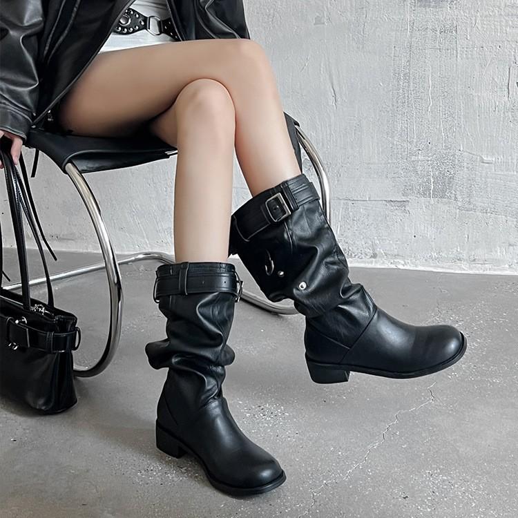 But Knee Boots Women's Autumn 2025 New Thick Heel Round Head Thin Tall Knight Boots Pleated Pile Boots