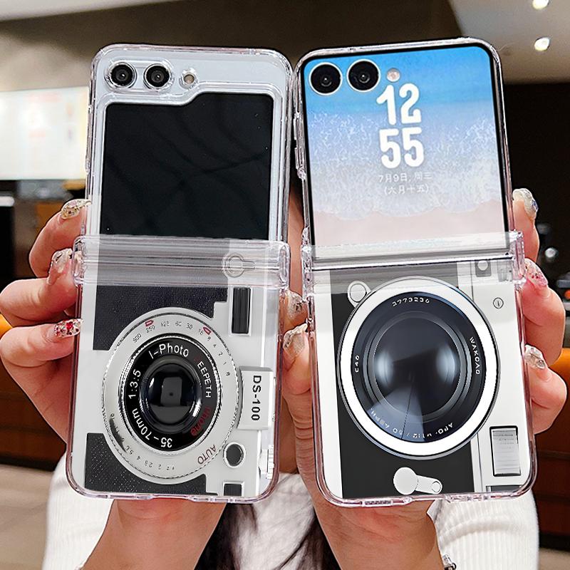 Vintage Camera Pattern Case For Samsung Galaxy Z Flip 8 7 FE 6 5 Z Flip8 Flip7 Flip6 Magnetic Clear Hard PC Folding Phone Cover