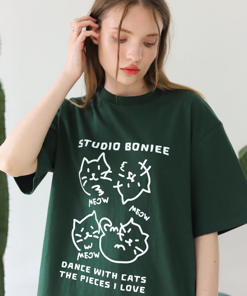 BONIEE Dance With Cats Graphic Loose T-Shirt Green