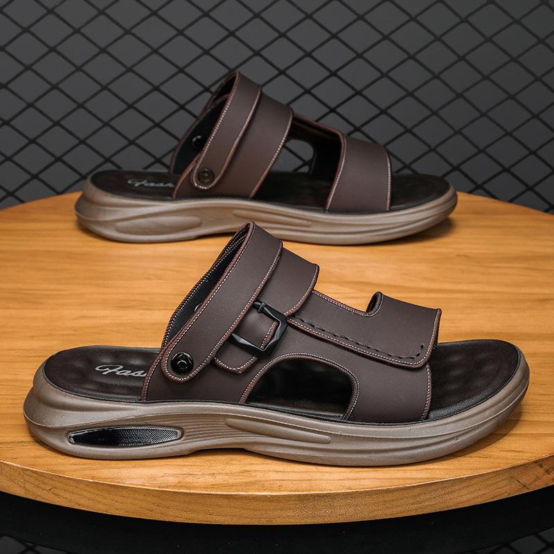 2025 New Fashion Men's Leather Slippers Durable Father Shoes Summer Outer Wear Beach Slippers Two-In-One Wet Shoes EVA Outsole