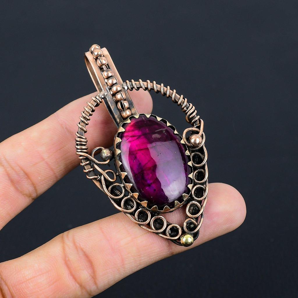 Pink Flash Labradorite Gemstone Handmade Jewelry Pure Copper Wire Wrapped Pendant