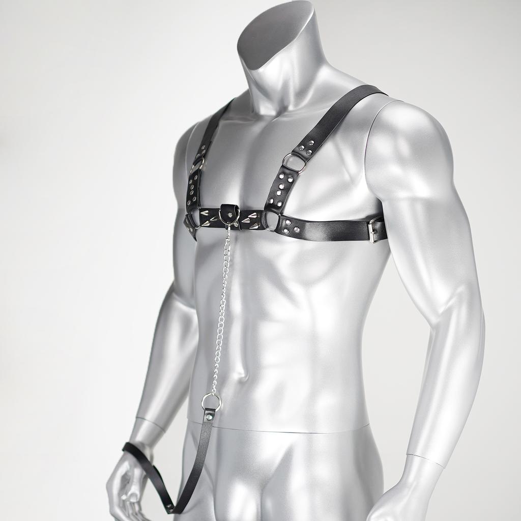 Black Leather Body Harness with Chain - Adjustable Chest Strap for Men, Ideal for Nightclub, Erotic, and Fashion Wear