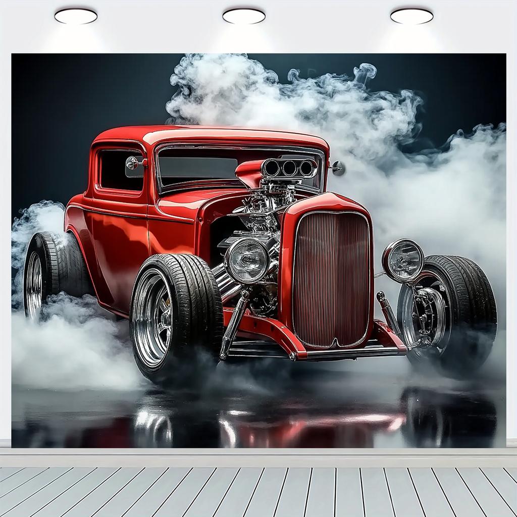 Classic Car-themed Photography Background Cloth - 1 Piece, Retro Vehicle and Smoke Party Background, Home Cake Table Decoration