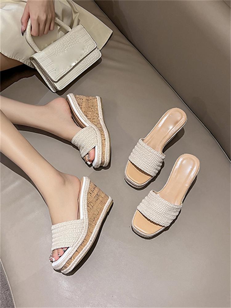 Eilyken New Design Weave Square Toe Platform Wedge Slippers Woman Slide Shoes Fashion High Heels Summer Zapatos De Mujer