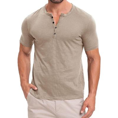 Été Nouveau T-shirt en Coton pour Homme Design Bouton Manches Courtes Couleur Unie Hauts Col Henley Coupe Slim Confortable Décontracté