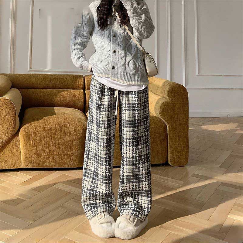 

Женские брюки плюшевые с высокой посадкой длинные клетчатые двухслойные утолщенные эластичные повседневные L