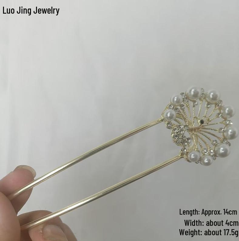 Épingle à cheveux vintage en forme de U avec pompon paon pour femmes - Épingle à chignon nacrée pour Cheongsam et Hanfu