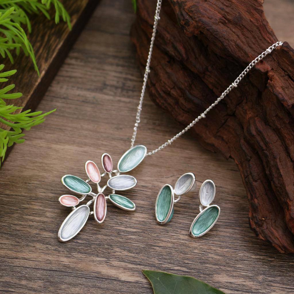 New Enamel Geometric Petal Stud Earrings Pendant Set, Women's Fashion High-end Flower Necklace