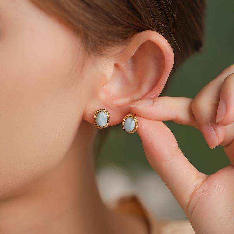 Natural Sea Pattern Stone Sterling Silver Stud Earrings S925 Oval Egg Surface French Retro Temperament Premium Earrings Women