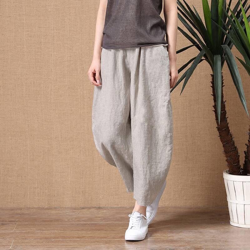 Women's Pants Summer Nine Points Loose Thin Tight Waist Wide Leg Pants Retro Slim Casual Pants