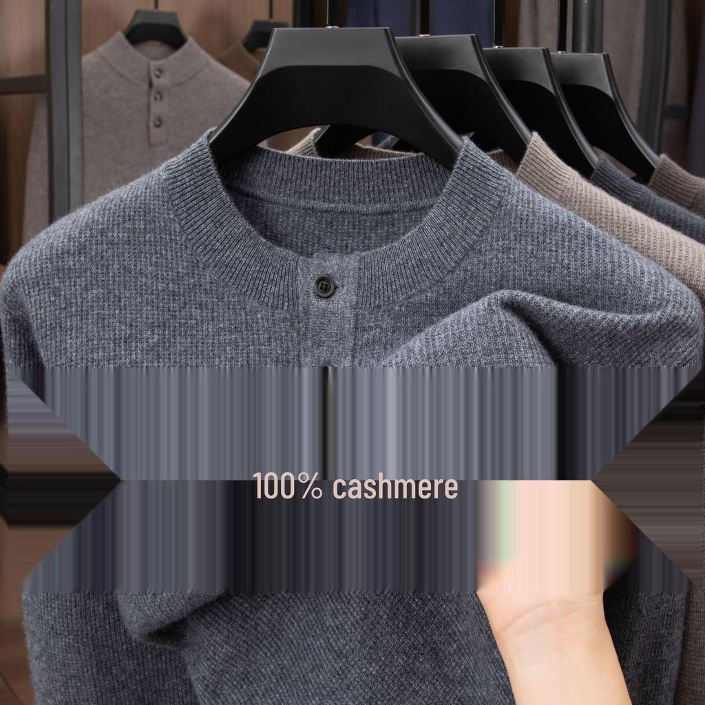 Men's Luxury 100% Cashmere Pullover - Skin-Friendly, Warm Base Layer with Button Collar for All Ages