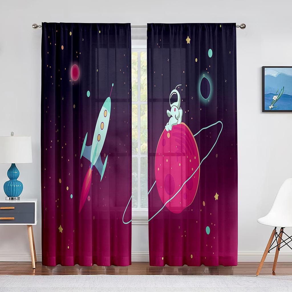Tecknad Yttre Rymden Raket Planet Tyll Skira Fönstergardiner för Vardagsrum Pojkar Barn Sovrum Tyll Voile Gardiner Draperier Dekor
