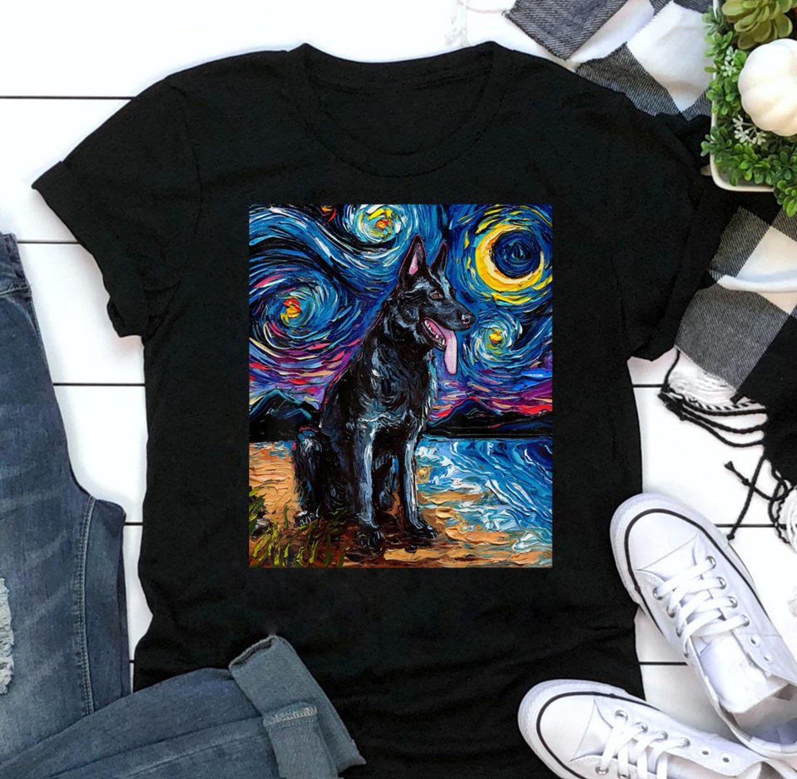 Black German Shepherd Starry NighT-Shirt: Dog Lover Gift 3XL