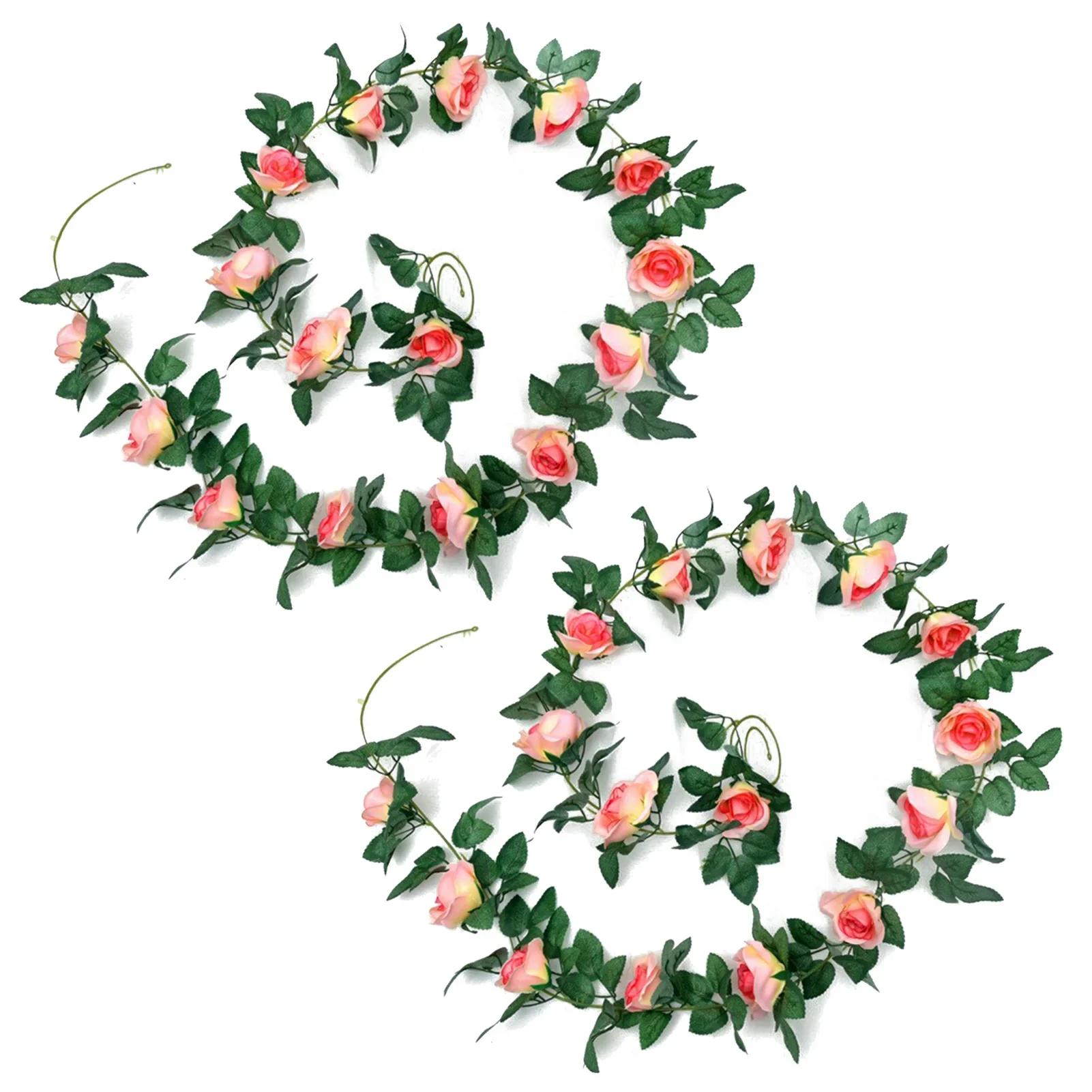 

2pcs Artificial Rose Flower Vine 16 Heads Handmade Floral Hanging Rattan With Green Leaves Wedding Hanging Fake Plant Home Decor шампанського