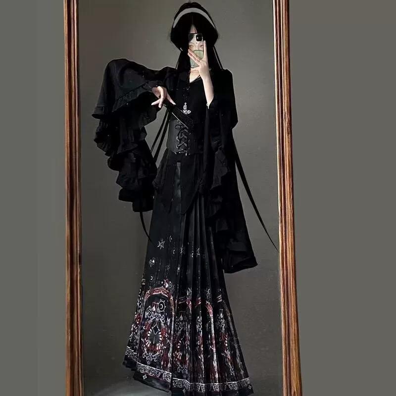 Женский готический набор Ханьфу династии Мин, Модернизированный черно-красный наряд с юбкой Ма Мянь L чёрный