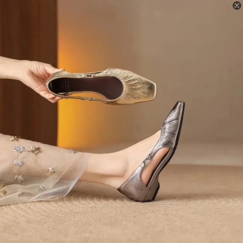 Fashion Women's Single Shoes with Heels Square Toe Shallow Mouth One Kick Shoes Women Leisure Dress French Elegant Zapatillas De Mujer