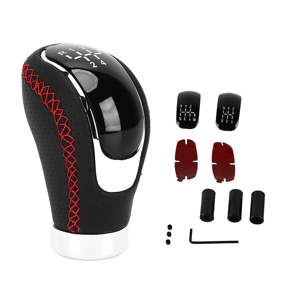 Manual Gear Shift Lever Knob Shifter Head Universal 5 6 Speed Artificial Leather Red Stitching with Replaceable Paster