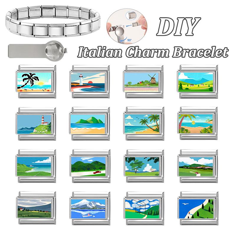 New Green Scenery Series Sunset Sea Lighthouse Italian Charm Links Fit 9MM Stainless Steel Bracelet Women Men DIY Making Jewelry