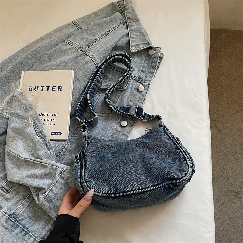 Borsa a tracolla in denim da donna, alla moda, per tutti i giorni, con tasca frontale, stile casual, borsa a mano
