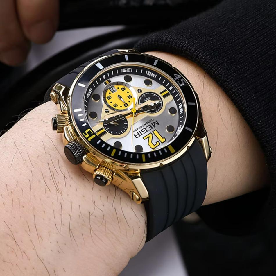 Fashion Waterproof Quartz Watches for Men Luxury Military Sport Chronograph Wristwatch with Silicone Strap