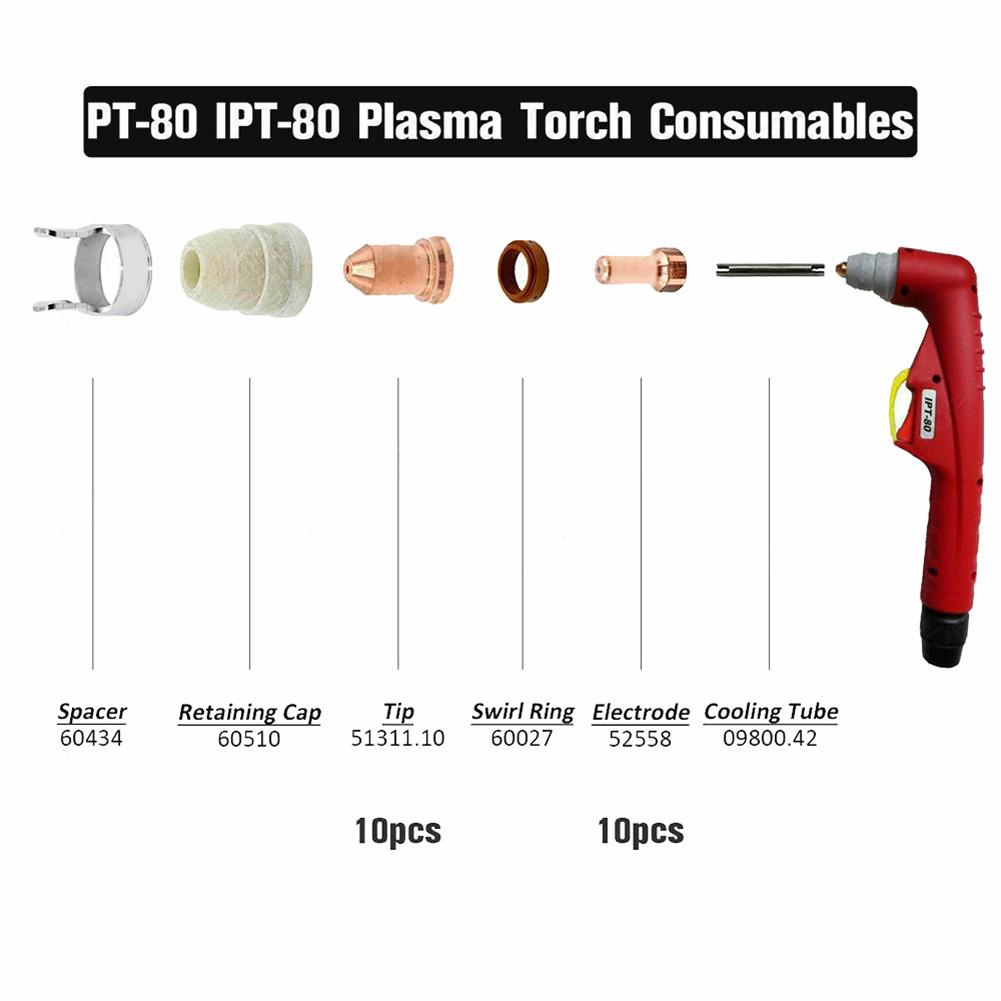 

For PT80 Plasma Torch Spare Parts Kit 20 PCS Replacement Electrodes and Nozzles for For PT80 Air Cutting Use 1.0 mm Nozzle China Mainland