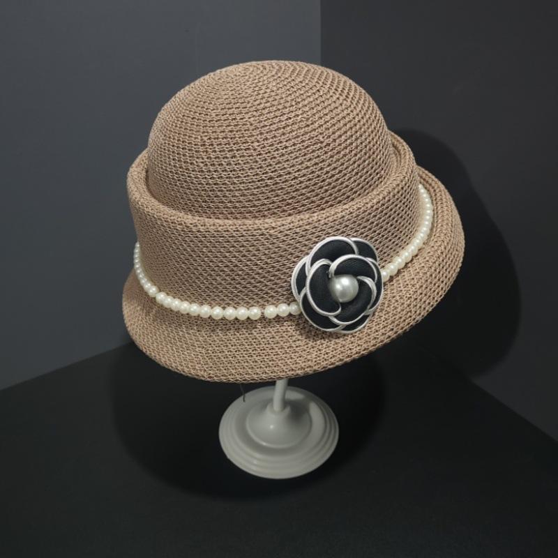 Hepburn Camellia Pearl Top Hat Women's Summer French Retro Elegant Curled Beret Small Bucket Hat