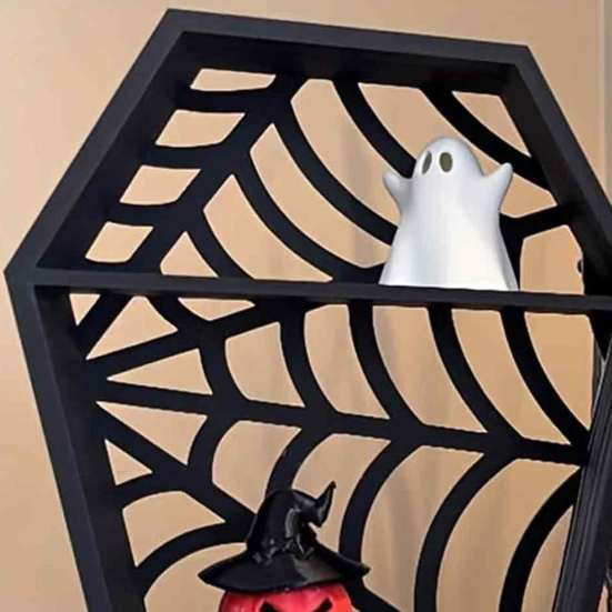 Halloween Party Table Decor Coffin-Shaped Spider Web Display Shelf, 3D Printed Gothic Tiered Mini Stand Figurine, Room Accessories Black Hollow