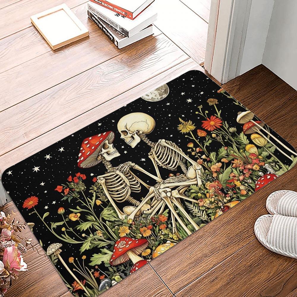 Aesthetic Mushroom Skull Printed Kitchen Carpet Living Room Dining Room Laundry Floor Mat Bath Balcony Hallway Non-Slip Door Mat