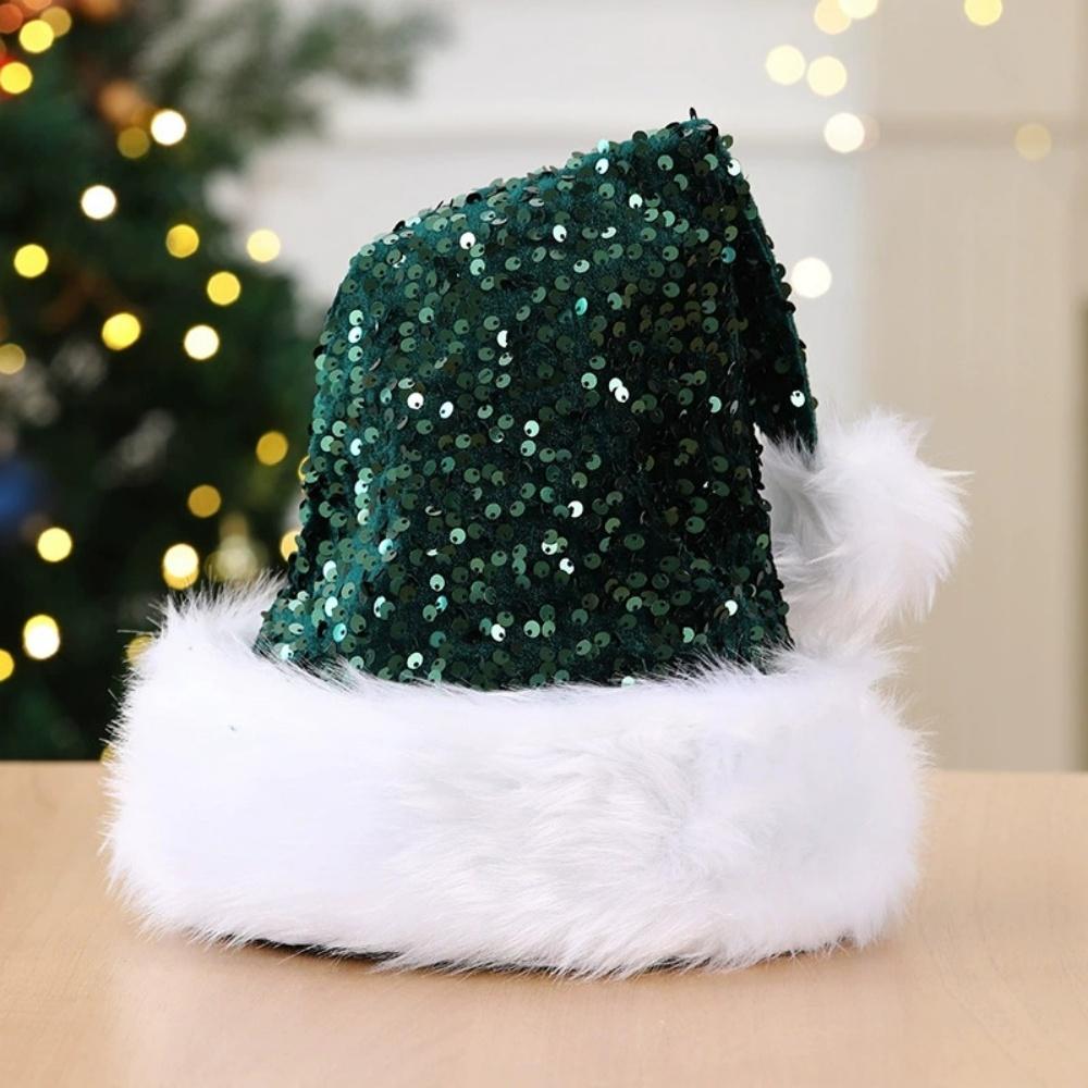 Sequin Christmas Hat Plush Solid Color Sparkle Santa Claus Hat with Long Fluffy Pompom For Adult Kids Christmas Party Decoration