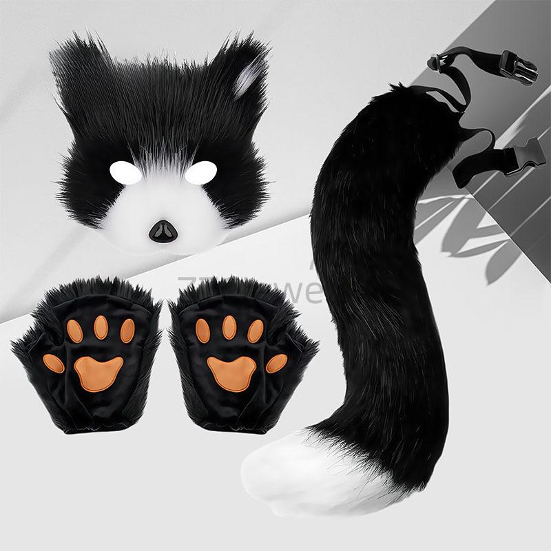 Faux Fur Fox Tail Cat Wolf Cosplay Costume Set Plush Mask Fluffy Paw Gloves Anime Accessories Halloween Party For Girls Women