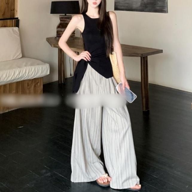 Korean suit, high-end black vest, streamer top, women's summer striped retro wide-leg loose high-waisted trousers