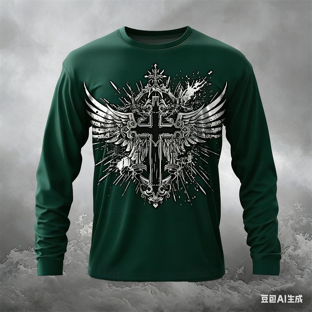Funny Cross Wing Pattern Men's T Shirt Casual O-neck Loose Long Sleeve T-shirt Spring Autumn Comfortable Pullover Fashion Tops