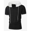 Men's Waffle Knit Color Block Hooded Drawstring Button Short Sleeve T-Shirt.