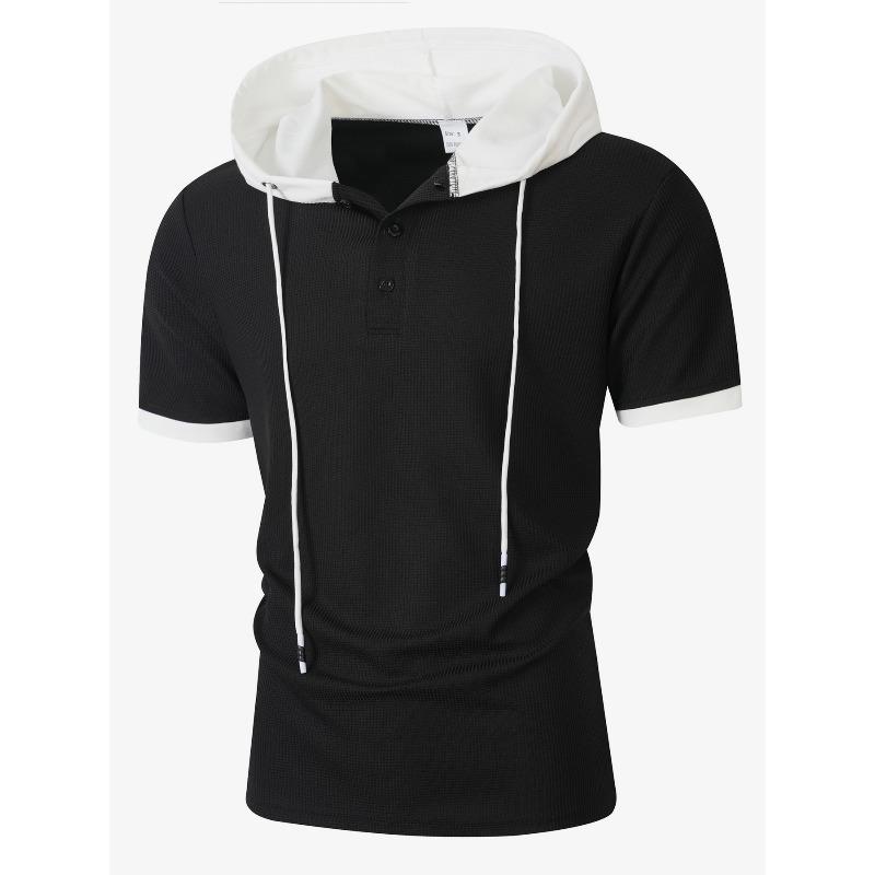 Men's Waffle Knit Color Block Hooded Drawstring Button Short Sleeve T-Shirt.