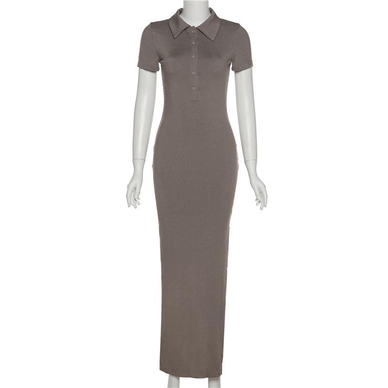 

Летнее женское сексуальное платье с коротким рукавом и разрезом, облегающее, облегающее бедра, повседневные длинные платья для женщин, модное элегантное платье с отложным воротником на пуговицах 25979 L хаки