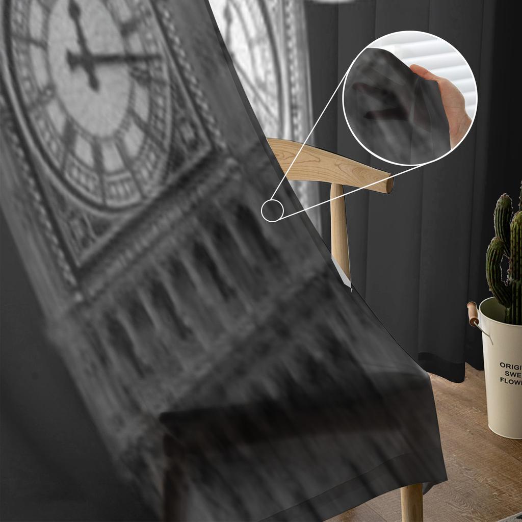 ביג בן על רקע ירח גדול וילונות טול שקופים שחור-לבן לקישוט הסלון והמטבח וילונות ווילון אורגנזה