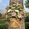 Artificial Hanging Flower Basket 48cm Wicker Basket with Decorative Bow Faux Greenery Plant Arrangement for Door Wall Hanging Indoor Outdoor