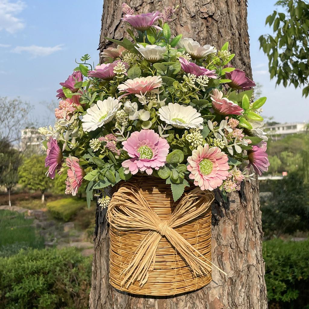 Artificial Hanging Flower Basket 48cm Wicker Basket with Decorative Bow Faux Greenery Plant Arrangement for Door Wall Hanging Indoor Outdoor