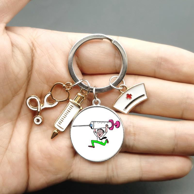 Paint Fashion Creative Nurse Medical Syringe Stethoscope Image Keychain Glass Suitable Nurses and Doctors Key Ring Pendant Gift