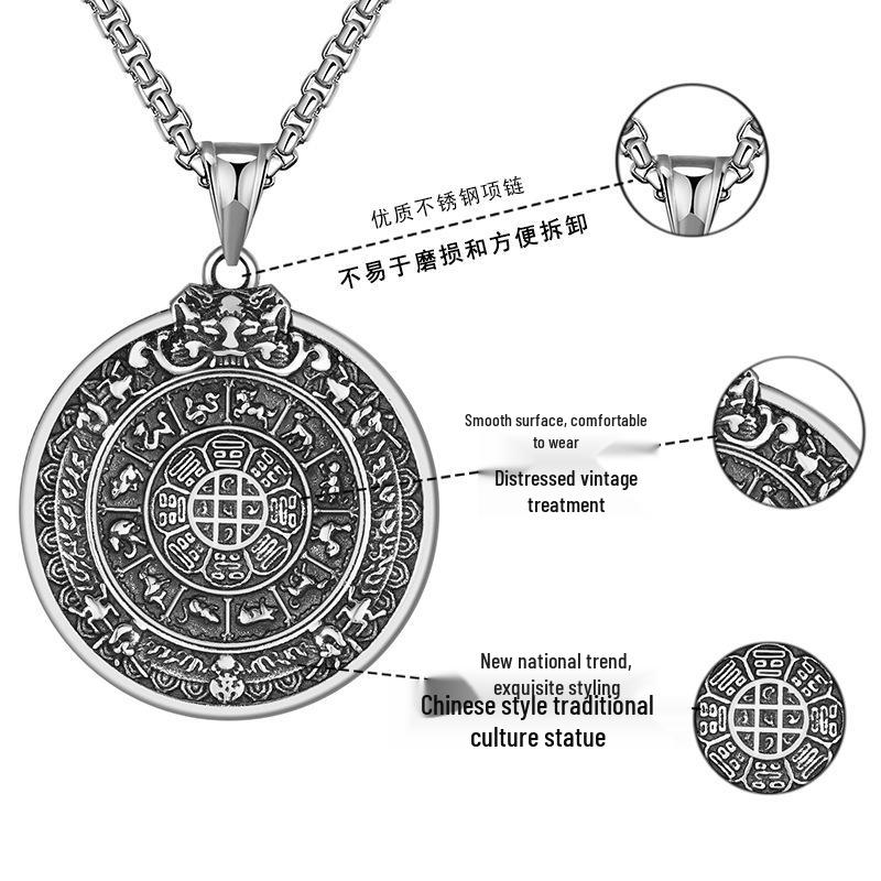 Retro přívěsek z titanové oceli s tibetskými trigramy a znamením zvěrokruhu pro muže a ženy