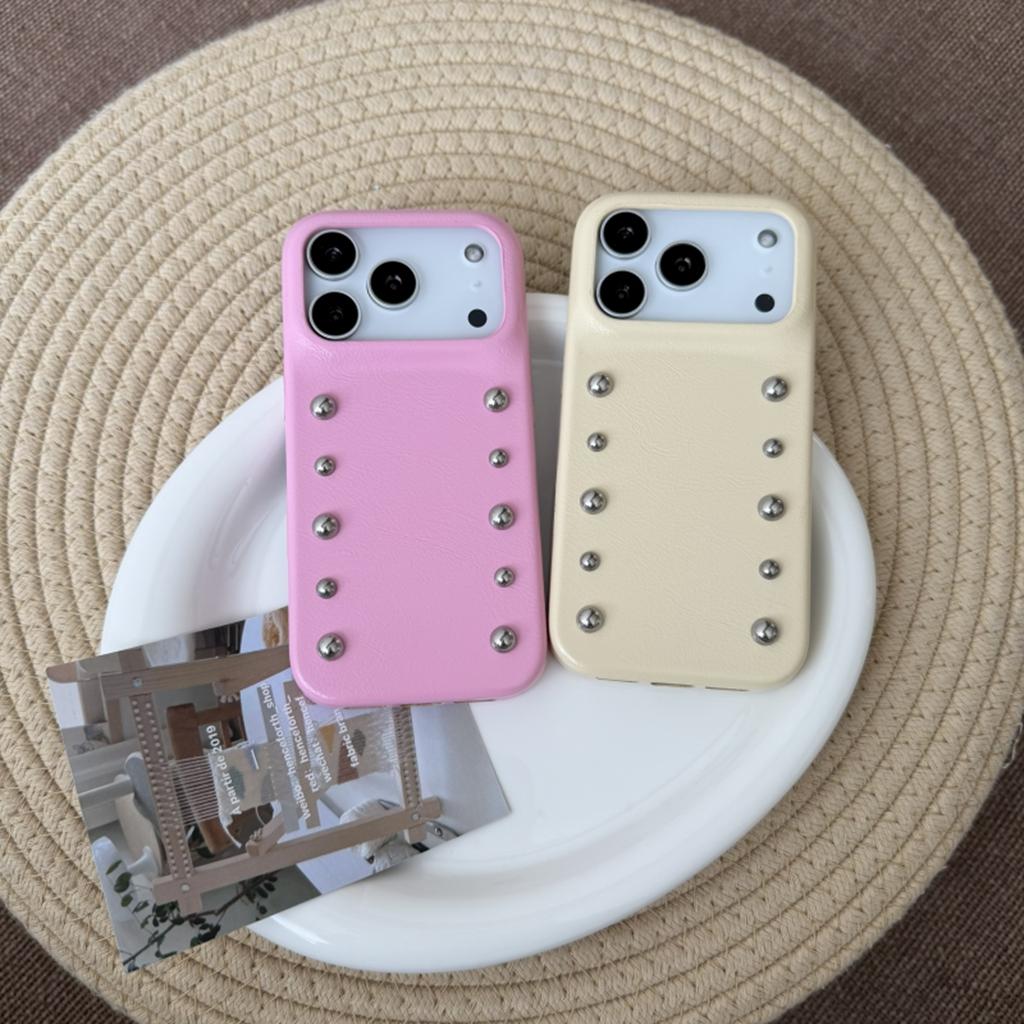 Stylish Stereoscopic Round Bead Rivet Solid Color Leather Shockproof Protective Phone Cover Case for iPhone 17 16 15 14 Pro Max