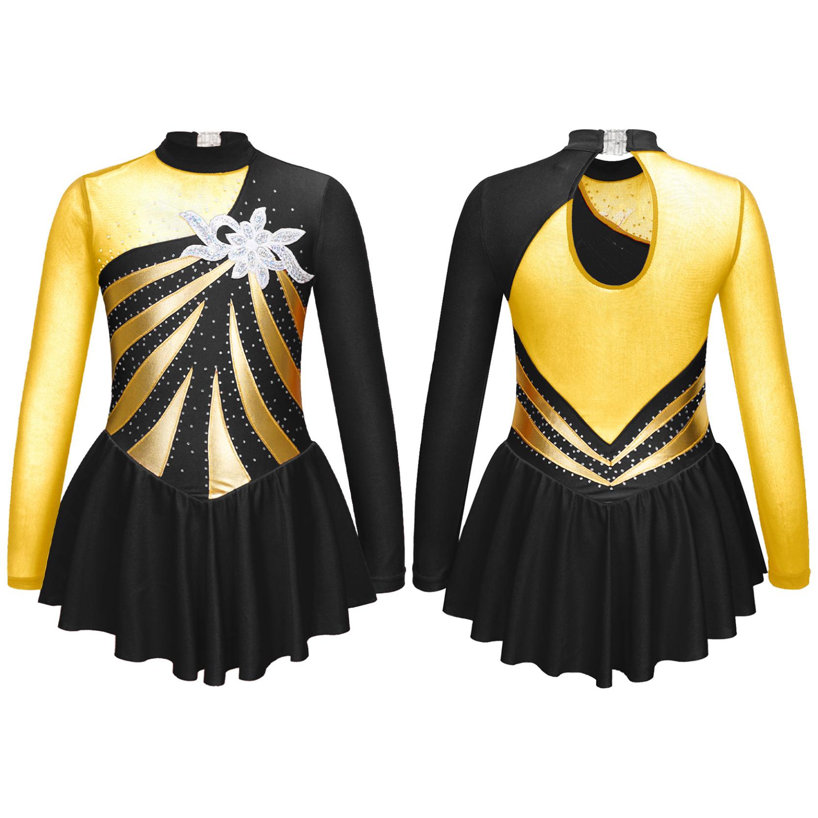 Детское платье для фигурного катания на коньках с блестками для девочек, трико с длинными рукавами и вырезом, юбки 11-12 Years чёрный