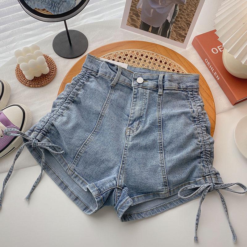 Modaya Uygun Çok Yönlü İpli Yüksek Belli Streç Denim Şort Kadın Pilili Pantolon Yaz Tasarımı Yüzde Yüz Uyumlu İnce Geniş Paça Pantolon