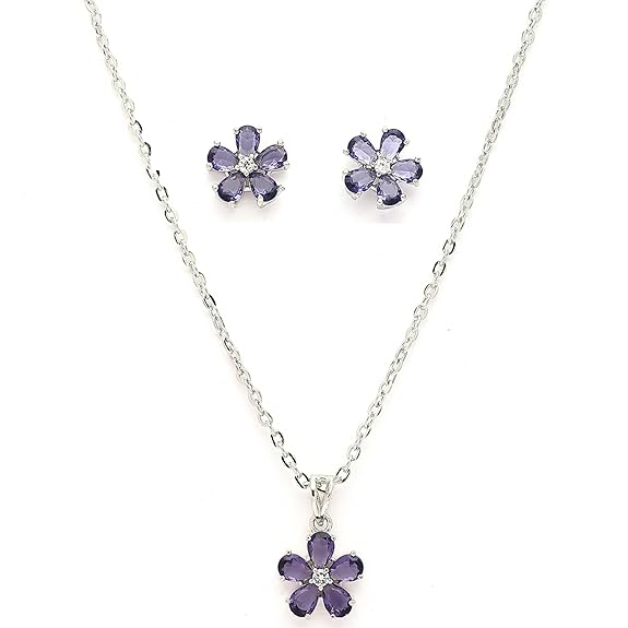 Rhodium Plated Silver Toned American Diamond Studded Floral Shaped Pendant Chain With Earrings Jewellery Set For Women And Girls