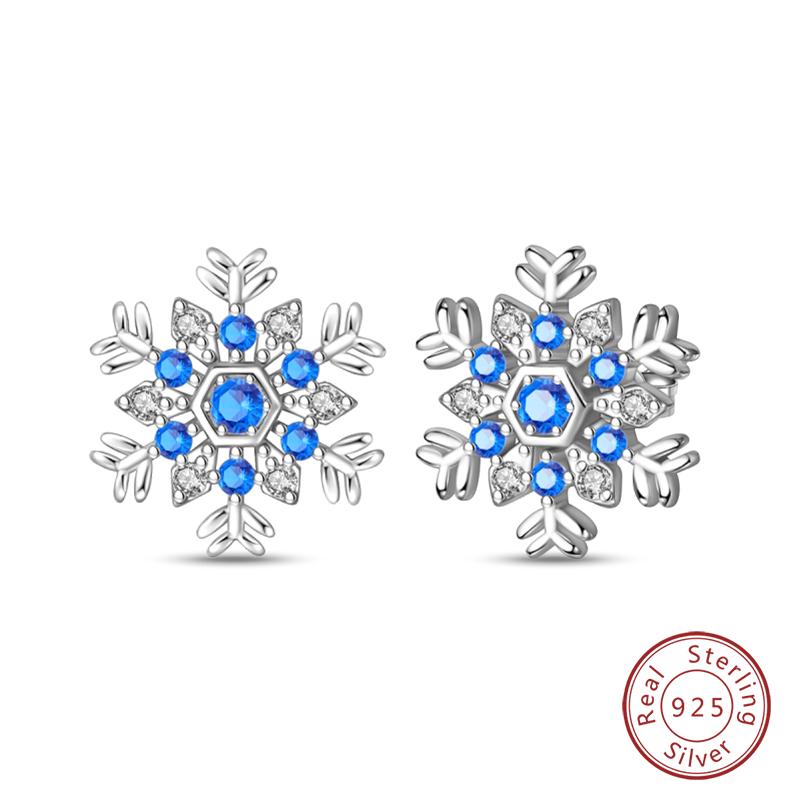 Earrings 925 Silver Winter Snowflake Stud Earrings Blue Shiny Zircon Earrings For Women Exquisite Engagement Jewelry
