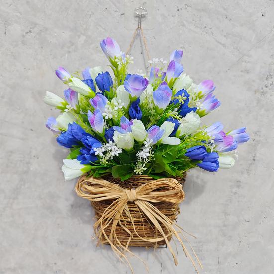Spring Tulip Door Hanger Basket Wreath for Front Door Artificial Tulip Hanging Floral Wreath with Woven Basket And Bow