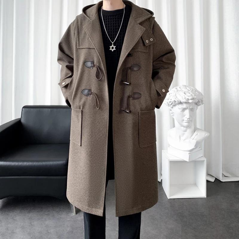 Herbst Herren Koreanischer Kapuzen-Trenchcoat Herren Lässig Knebelknopf Wollmantel Herren Schwarz Warm Langer Mantel Männlich Wollmischungen Übermantel